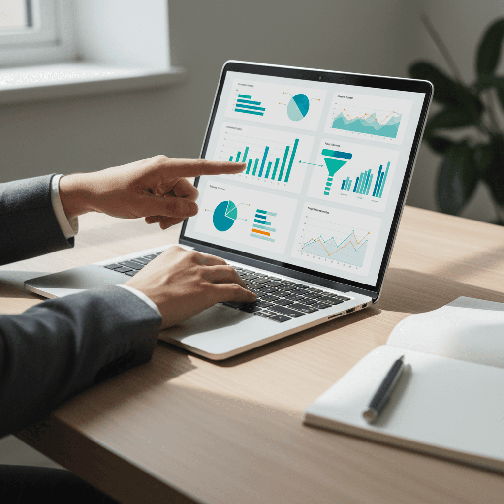 Laptop screen showing marketing analytics dashboard with colorful charts and graphs