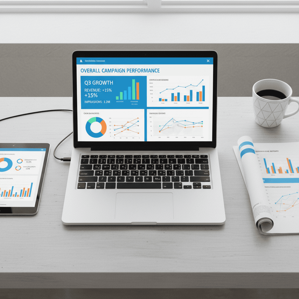 Laptop displaying marketing analytics on a desk
