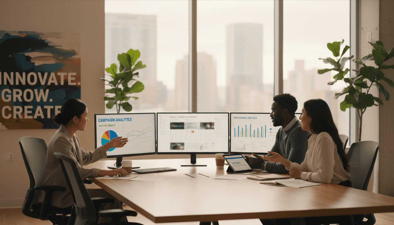 Marketing team reviewing campaign analytics on a large screen