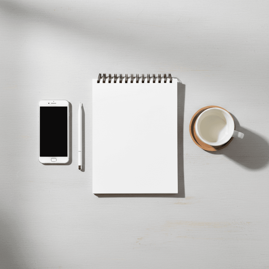 Minimal home office desk with notebook, pen, coffee cup, and smartphone