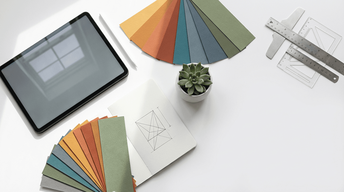A clean white desk with a tablet showing a website design, surrounded by branding materials