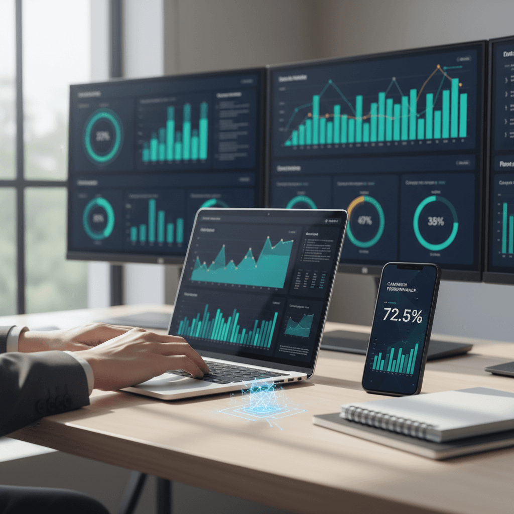 Marketing professional reviewing campaign performance data on laptop