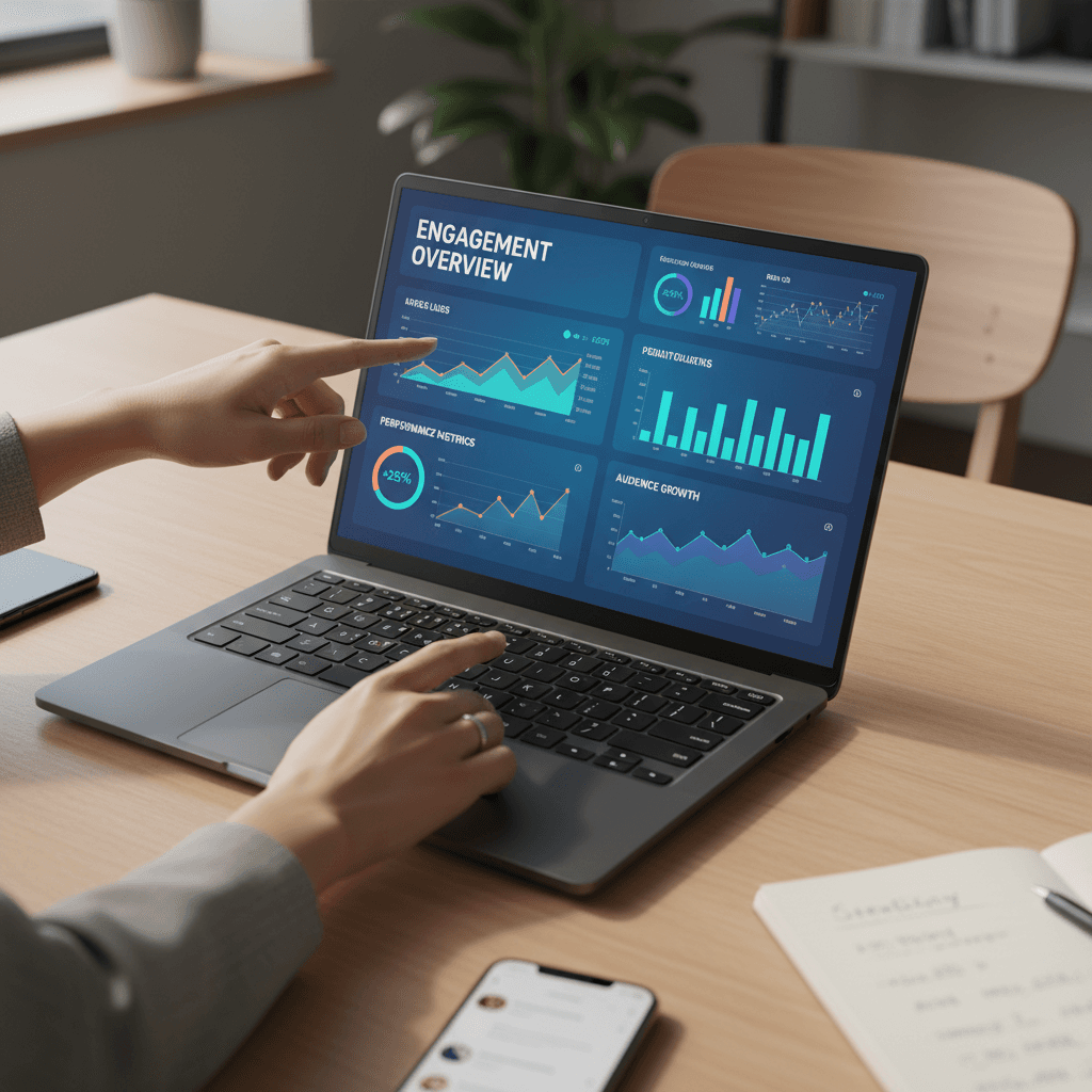 Digital marketing analytics and social media dashboard on laptop