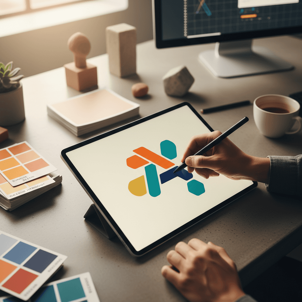 Graphic designer working on logo variations on a computer